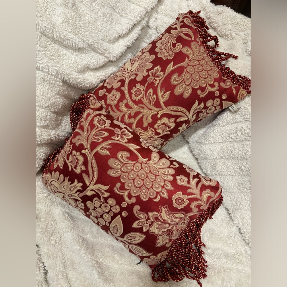 2 pcs Soft Impressions Red Satin Floral Embroidered Fringed Throw Pillow 18x12